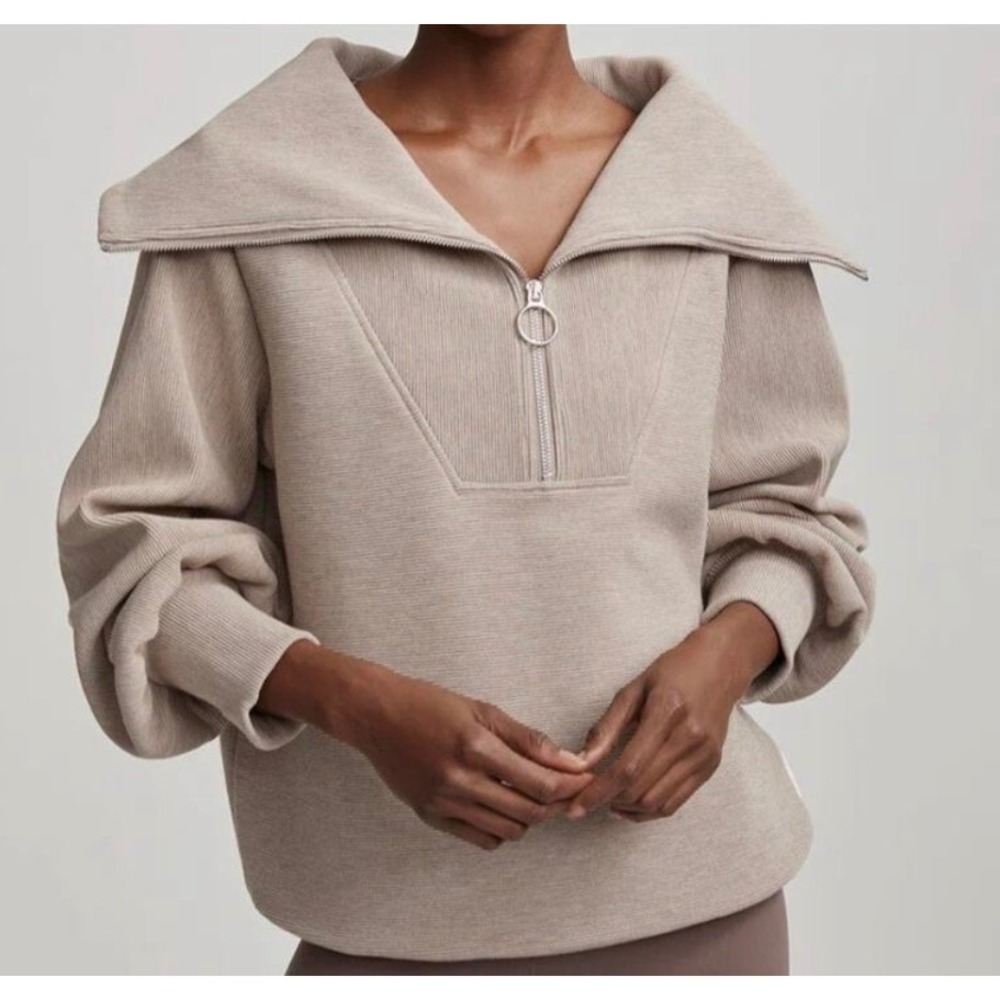 Varley Vine Half Zip Pullover Sweatshirt Ottoman Knit Tan Beige Medium VAR00485